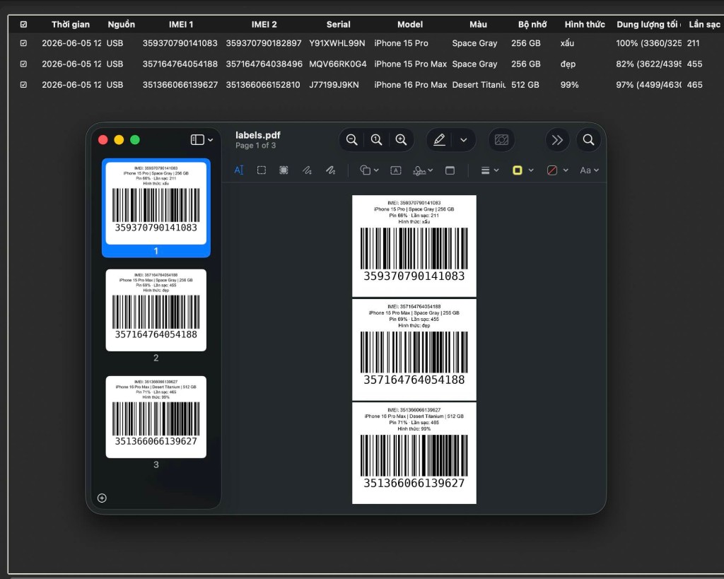 Bảng IMEI và in tem barcode — Táo Đen IMEI Tool
